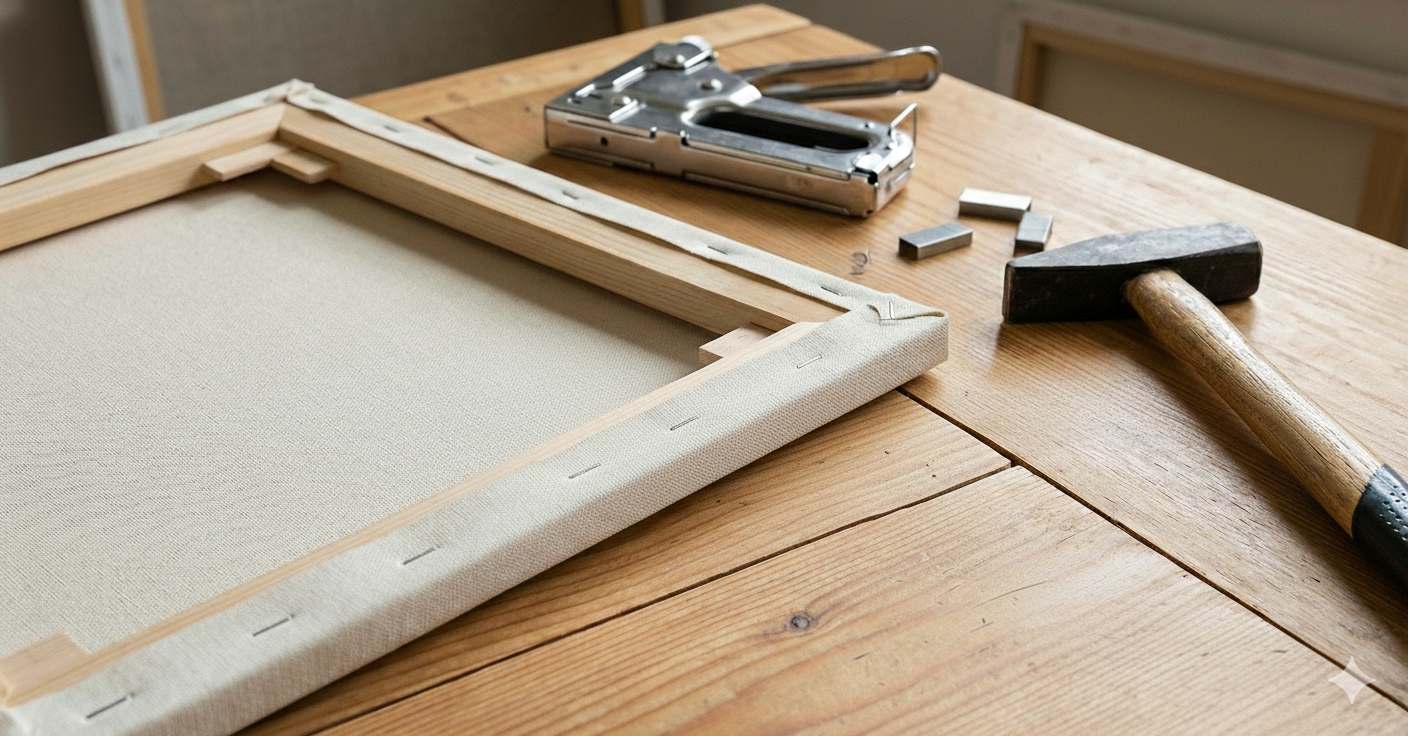 Canvas wrapped wooden stretcher with tools on a wooden table. Day and Night Woodworking.